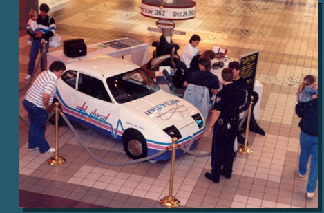 Electric/Gasoline hybrid car, built by Bob Colesworthy & students on public display at Education Fair, Mid Rivers Mall, 1990